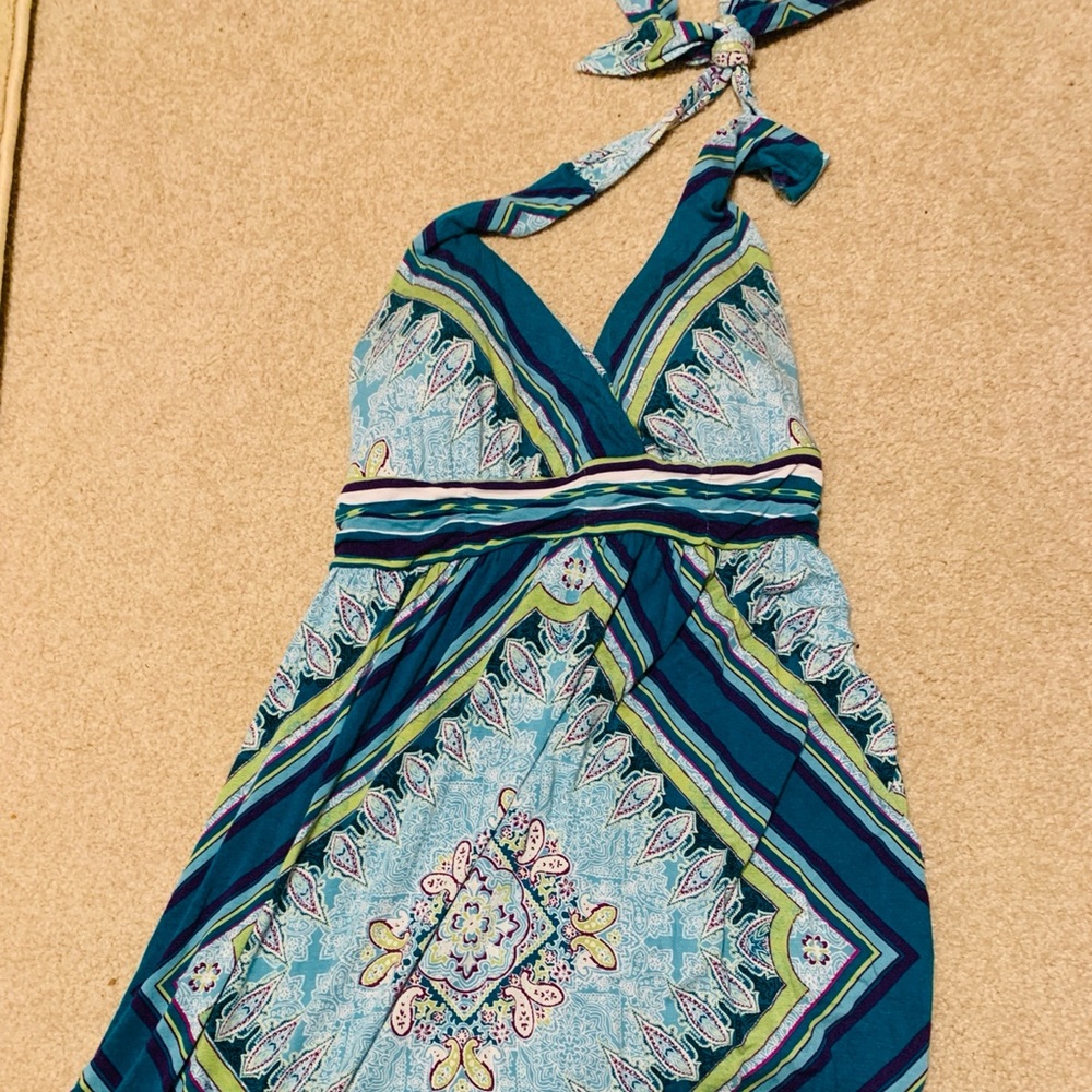 Bright halter-neck summer dress.